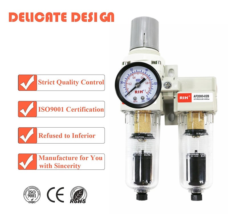 RIH Store Pneumatics 1/4'' NPT Auto Drain Compressed Air Double Filter & Regulator, Air Drying System, Air Compressor Water Separator, Poly Bowl,0-150 psi Gauge, 5 Micron Brass Element (1/4 NPT) AC2011-02D - Image 4